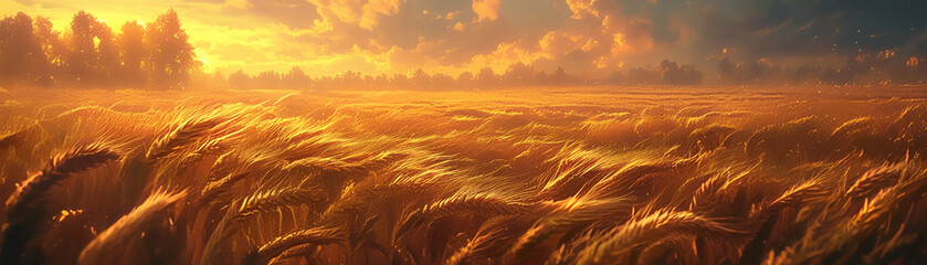 A field of golden wheat swaying in the wind under a sunset sky, capturing the essence of summers...