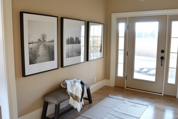 Three large black and white framed prints hung on the wall of an entryway with beige walls. The door was open to the right side showing windows and wooden floors. A bench in the foreground. - obrazy, fototapety, plakaty