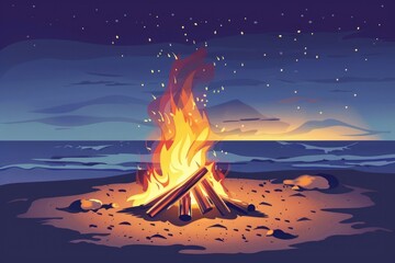 Beach bonfire clipart with crackling flames