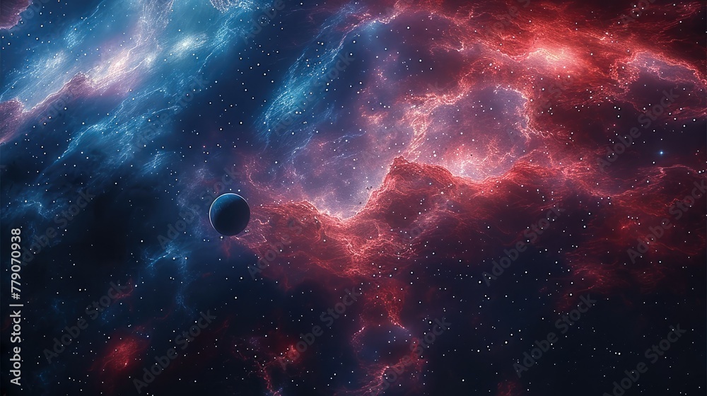 Poster the universe mixed with red and blue with nebulae, a large black hole with planets. generative ai.