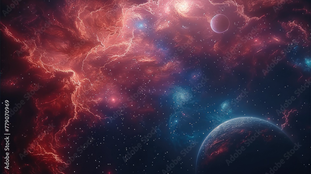 Poster The universe mixed with red and blue with nebulae, a large black hole with planets. Generative AI.