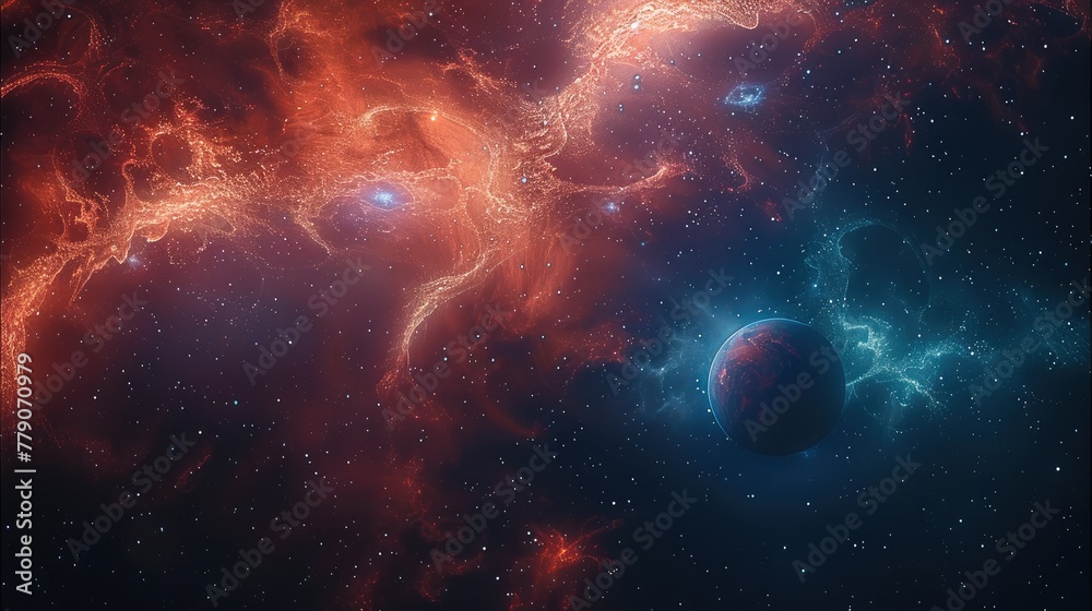 Aufkleber the universe mixed with red and blue with nebulae, a large black hole with planets. generative ai.