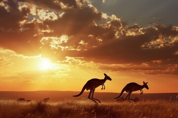 Kangaroos hopping and a sunset in the background, AI generated - obrazy, fototapety, plakaty