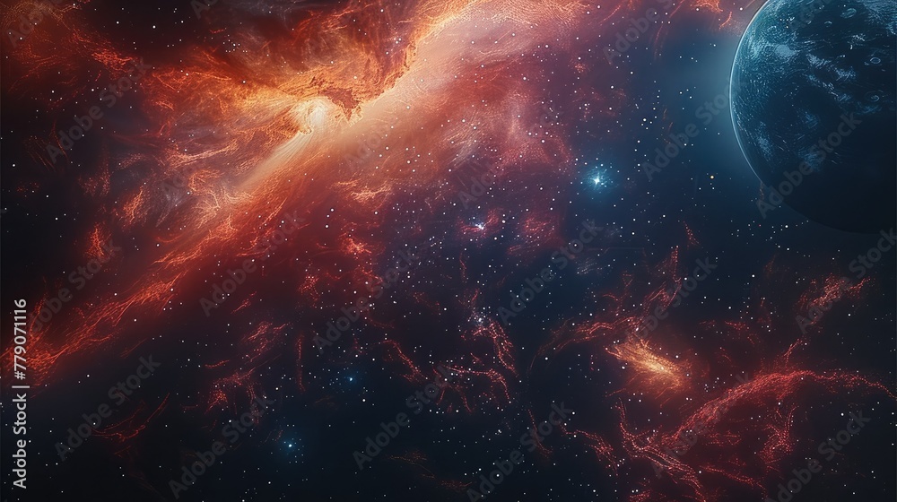 Poster the universe mixed with red and blue with nebulae, a large black hole with planets. generative ai.