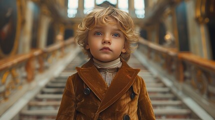 An elegant shot of a young boy in a tailored velvet blazer, his style refined and timeless, against the interior of a grand building
