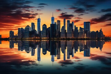 Fototapeta na wymiar Skyline reflected in water, Big city skyline reflected in water during sunset, AI generated