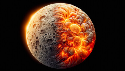 A celestial body presents a dichotomy with a cratered lunar surface on one side and vibrant, fiery textures resembling solar flares on the other, set against a dark backdrop.