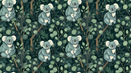 Koalas in eucalyptus trees, adorable munching, green hues - obrazy, fototapety, plakaty