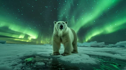 Fototapete Majestic polar bear standing on ice under northern lights  capturing power with wide angle view © RECARTFRAME CH