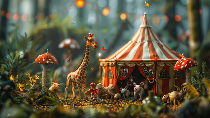A playful 3D render of a tiny circus troupe defending their tent from invading toy animals - obrazy, fototapety, plakaty