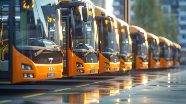 Electric buses in urban transit, promoting clean public transportation in a modern city, buses lined up at a bus station ,hyper realistic, low noise, low texture