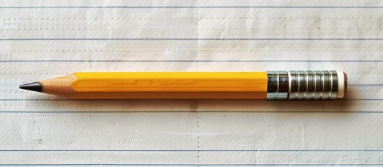 A yellow pencil lays horizontally on a blank piece of paper, ready to be used for writing or...
