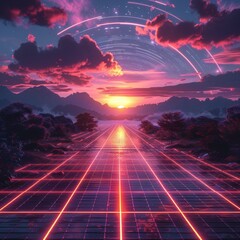 neon laser grid extends to the horizon Retrowave and synthwave style background