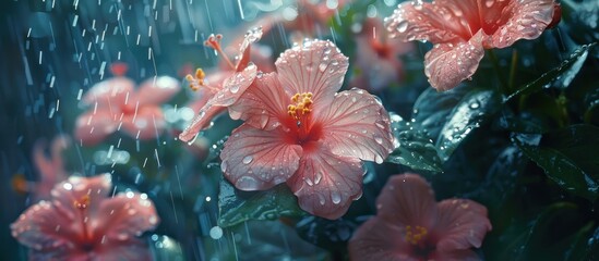 A cluster of pink flowers getting drenched in the rain, water droplets visible on petals and leaves.