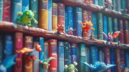 A vibrant 3D cartoon of tiny mountaineers scaling a bookshelf, fighting off mythical creatures along the way - obrazy, fototapety, plakaty