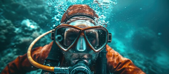 a diver in a wetsuit underwater wearing a mask and goggles for underwater research. - obrazy, fototapety, plakaty