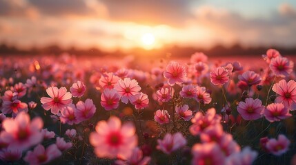 summer sunrise blooming pink meadow flowers Beautiful cosmos flower field view at sunset time. - obrazy, fototapety, plakaty