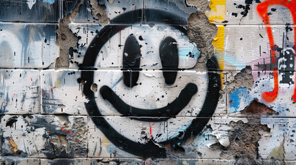 Smiling face emoticon graffiti with black spray paint on white wall