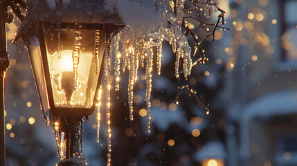 Sparkling in the chilly winter sunlight are icicles suspended from a streetlight. - obrazy, fototapety, plakaty