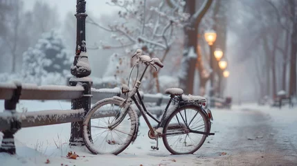 Plexiglas foto achterwand Snow-covered, deserted bicycle propped up against a lamppost on a calm street. © Stone daud