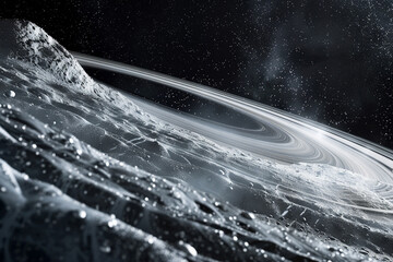 Stock image showcasing an ultrarealistic view of Saturns rings up close, revealing the icy and rocks particles layers ,hyper realistic, low noise, low texture