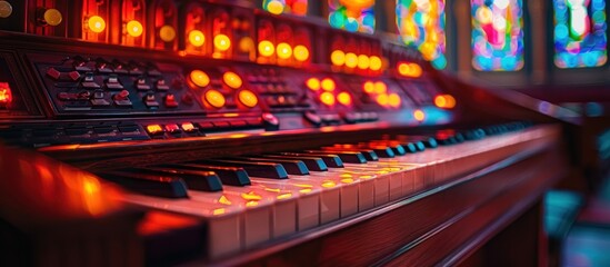 Close up of a piano keyboard with colorful stained glass windows in the background of a modern church.