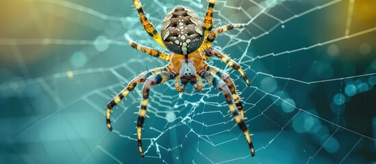 A close-up view of a creepy spider hanging on an intricate web.