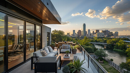 Modern residence featuring a rooftop relaxation space with views of a city park.