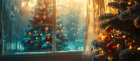 A Christmas tree adorned with ornaments and lights stands in front of a window with sheer curtains, showcasing a festive holiday scene. - obrazy, fototapety, plakaty