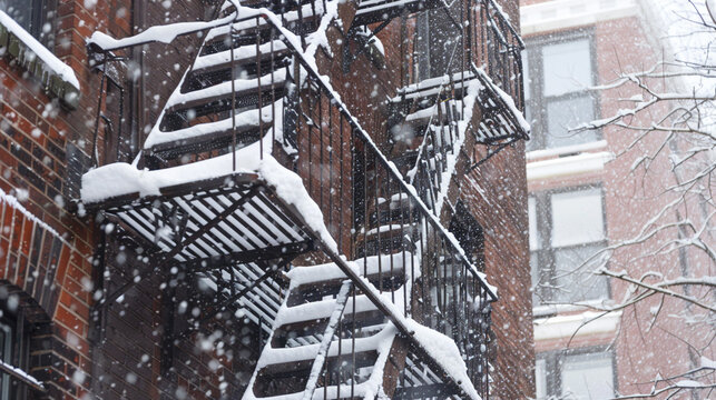  Snow-covered fire escape on the side of an old apartment building.