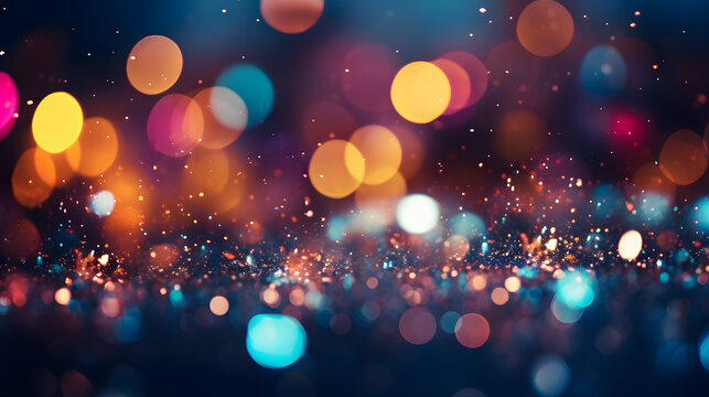 Abstract blur of festivity an image of a joyful and bokeh filled night light background Abstract bokeh background. Gold bokeh on defocused dark blue background