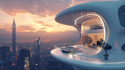 futuristic home has a balcony that overlooks a vast cityscape. - obrazy, fototapety, plakaty