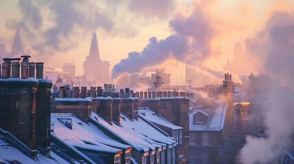 Frosty rooftops of city buildings, with smoke rising from chimneys on a chilly morning.