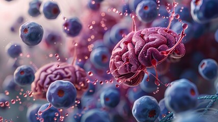 A 3D tableau of brains floating among blueberries, artistically representing the cognitive enhancements offered by these brain-boosting superfoods - obrazy, fototapety, plakaty