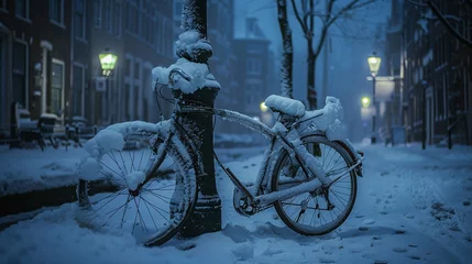 Kussenhoes Abandoned bicycle covered in snow, leaning against a lamp post on a quiet street. © Stone daud