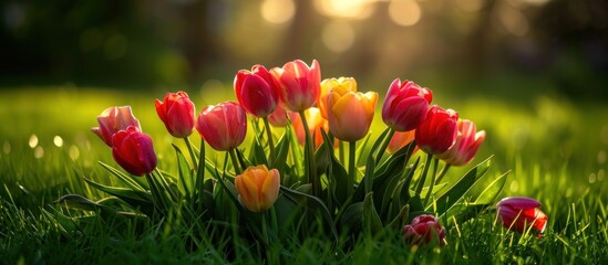 A cluster of red and yellow tulips blooming in the green grass in a vibrant display of colors. - Powered by Adobe