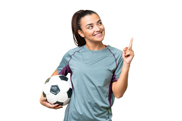 Young football player Woman over isolated chroma key background pointing up a great idea