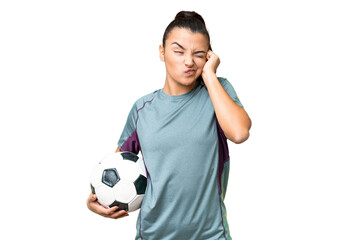 Young football player Woman over isolated chroma key background frustrated and covering ears