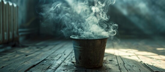 A cup filled with steaming water placed on a wooden floor, emitting wisps of steam into the air. - obrazy, fototapety, plakaty