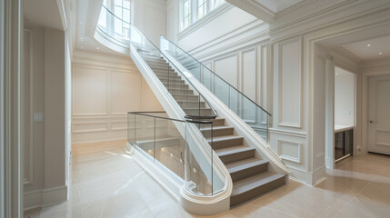 A tasteful glass-railing staircase that opens to a second-floor landing with a skylight overhead.