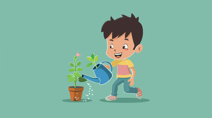 Young boy watering a plant 2d flat cartoon vactor i
