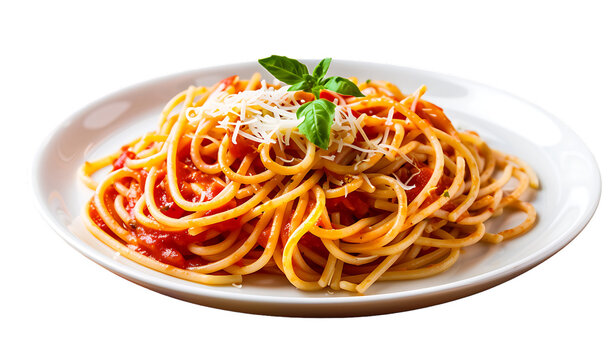 Speghotypical spaghetti with tomato sauce on white plate isolated on transparent background