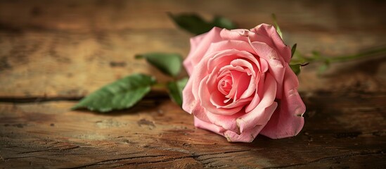A single pink rose elegantly sits on top of a wooden table.