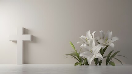 Cross softly placed beside a cluster of blooming lilies.
