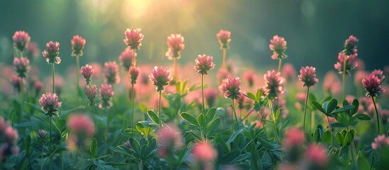 A field full of pink flowers with the sun shining brightly in the background, creating a beautiful and vibrant scene in nature.