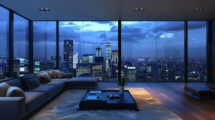A sleek, minimalist living room with a panoramic view of the city skyline at dusk.