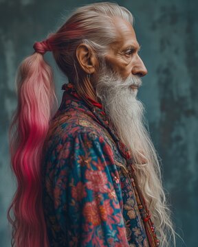 a old man in tattoed dress, two side ponytails