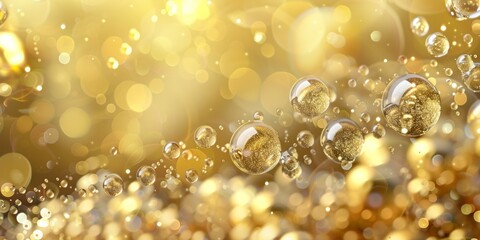 Amber bubbles in water, gold background macro photography. Generative AI