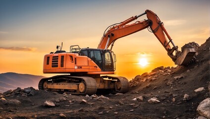 An orange excavator is sitting on a pile of dirt with its bucket on the ground.

