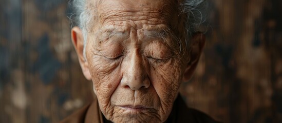 An elderly Asian man with prominent wrinkles on his face - obrazy, fototapety, plakaty